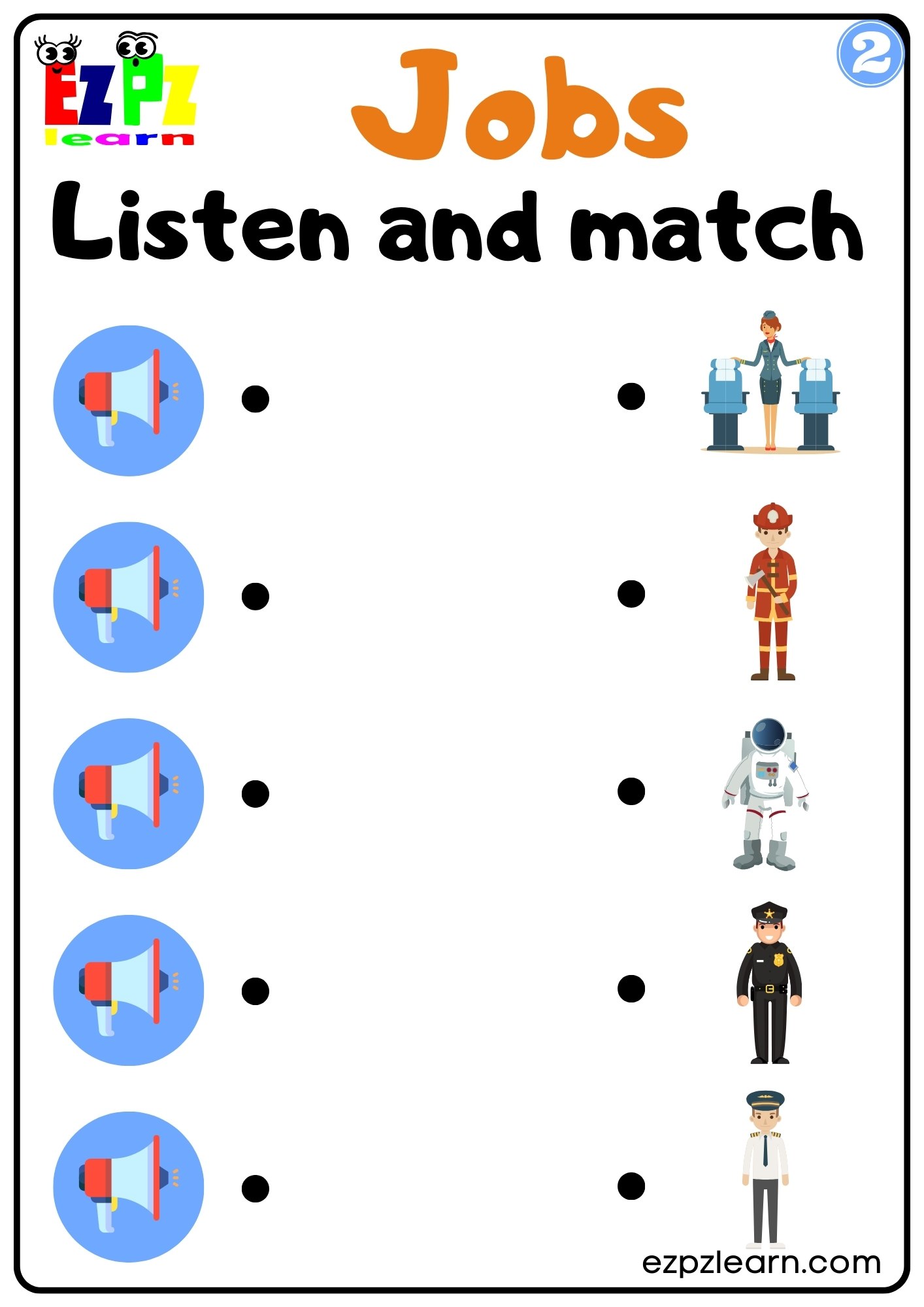 Jobs Vocabulary Interactive Worksheet Listen and Match the Correct Images Activity for Kids, K5 and ESL Students G2